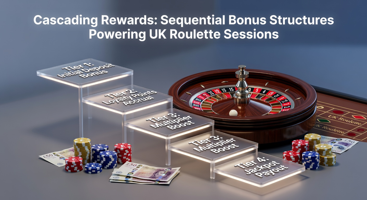 Vibrant roulette wheel spinning with cascading bonus icons overlayed, illustrating sequential reward layers in UK online casinos
