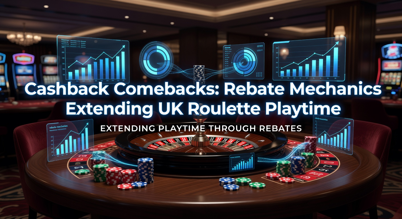 Vibrant roulette wheel with cashback icons overlay, symbolizing extended playtime through rebates in UK online casinos