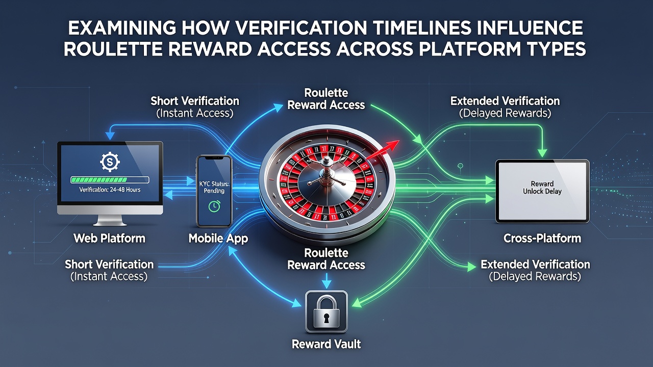 Diagram showing verification process timelines across desktop and mobile roulette platforms with icons representing different casino types