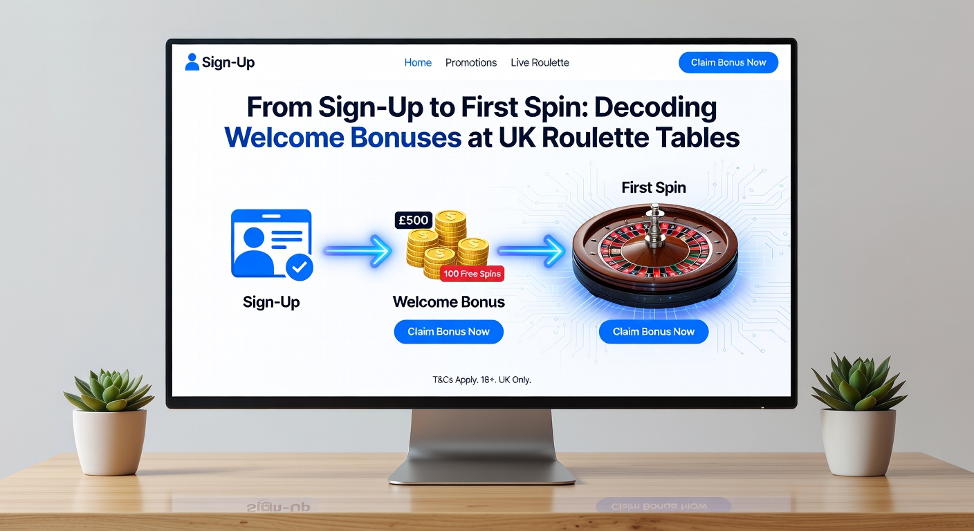 Step-by-step infographic showing sign-up form, deposit screen, bonus claim button, and spinning roulette wheel on a UK casino site