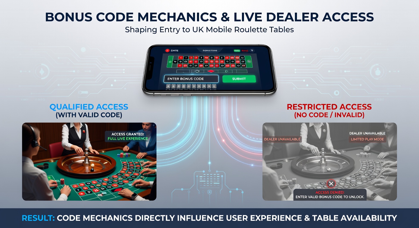 Mobile roulette interface showing bonus code entry and live dealer table selection on a UK platform