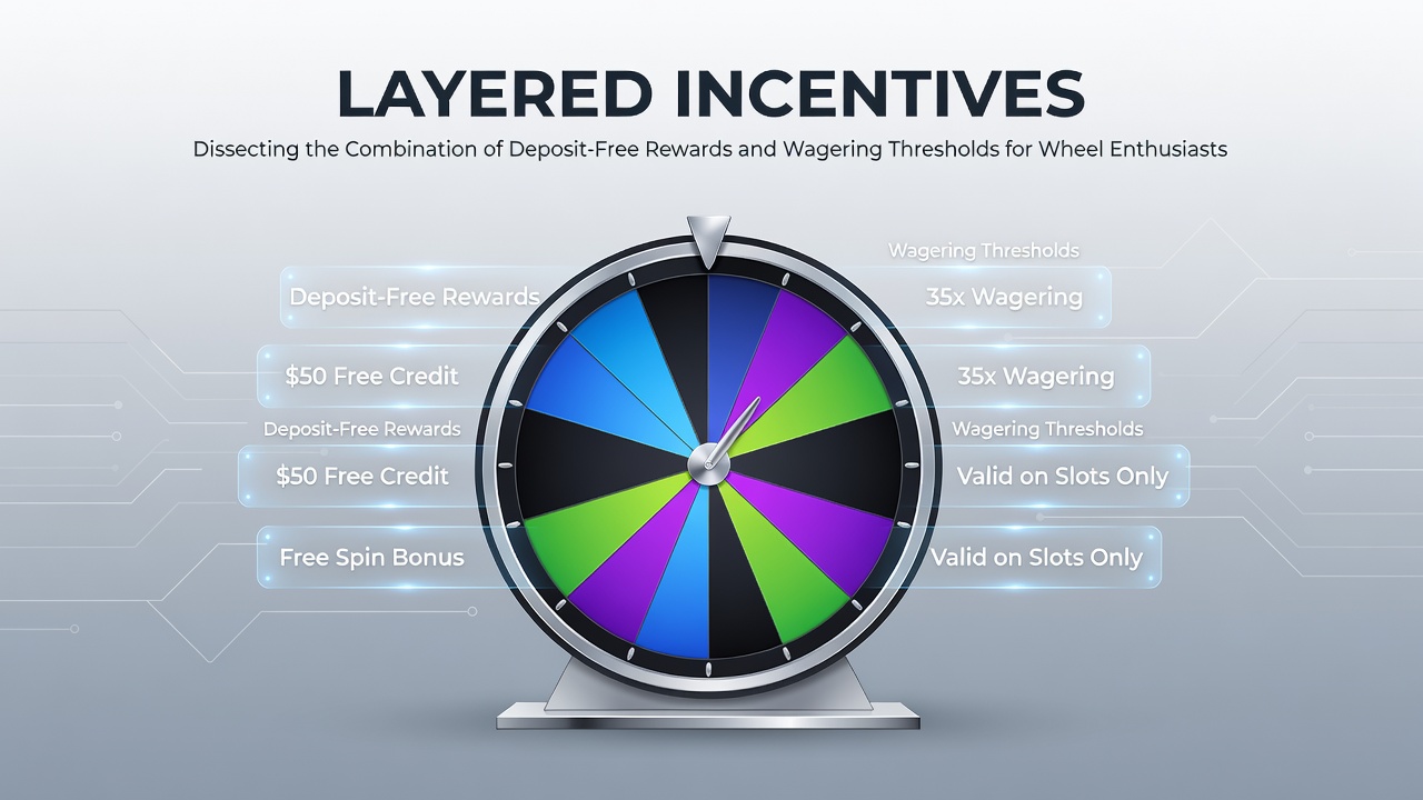 Roulette wheel with layered bonus structures illustrated through digital overlays showing deposit-free rewards and wagering thresholds
