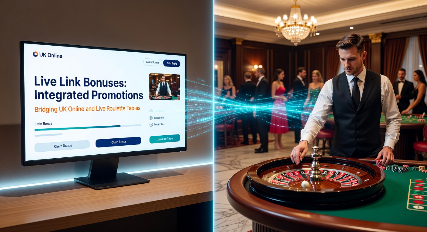 Split-screen view of online roulette linking to live dealer table with bonus notification popping up