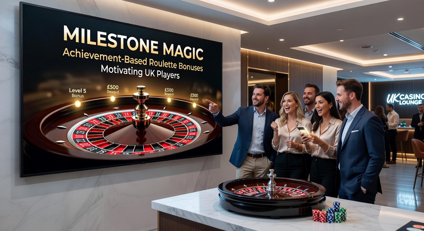 UK player dashboard showing milestone progress bars filling up next to a spinning roulette table, with bonus rewards popping out