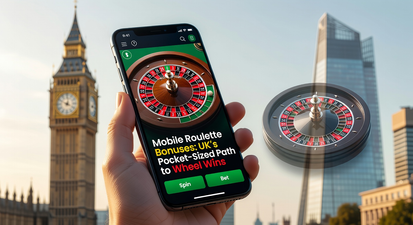 Close-up of hands holding a phone with roulette bonus popup active, showing deposit match offer and spinning wheel interface under dim casino ambiance