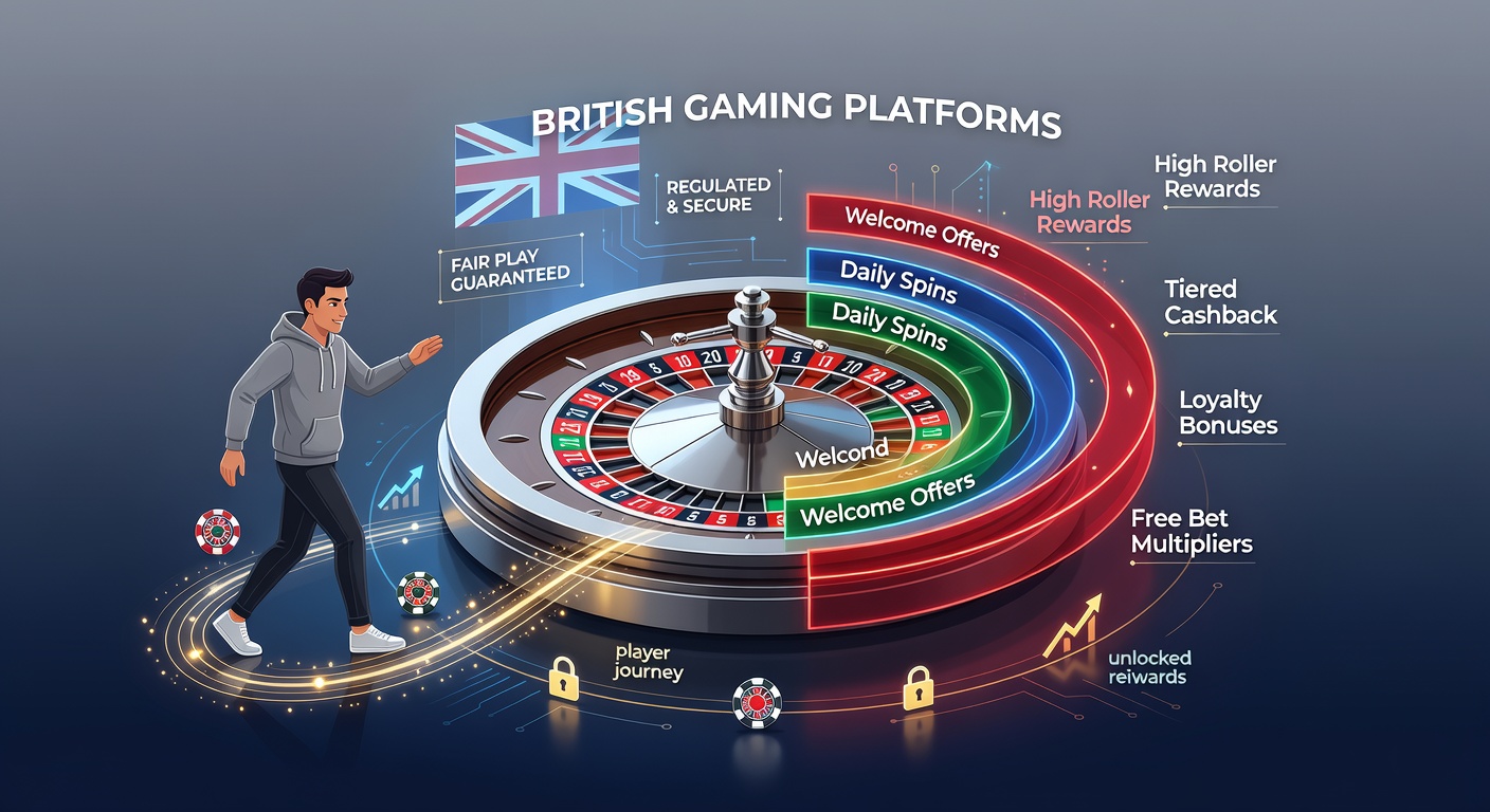 Illustration showing a roulette wheel with layered bonus icons representing player progression through incentives on UK gaming sites