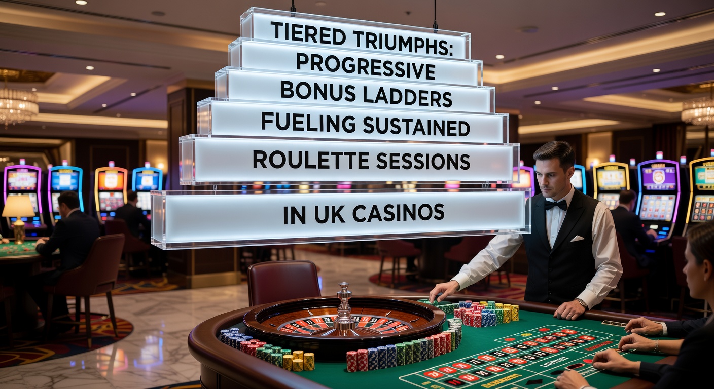 Visual representation of a progressive bonus ladder in a vibrant UK casino roulette interface, showing tiers climbing towards higher rewards