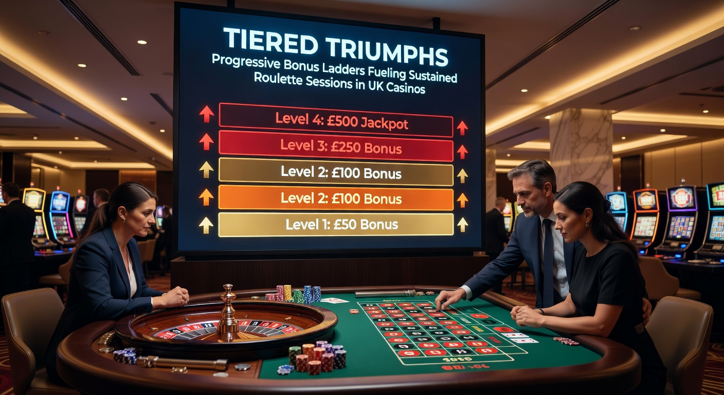 Screenshot of a tiered bonus ladder dashboard on a UK casino site, displaying progress bars for bronze to diamond levels with roulette wheel icons