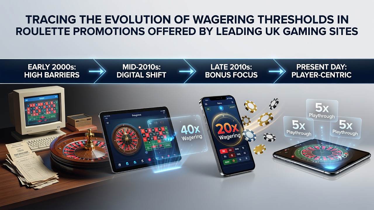 Comparison chart of wagering requirement levels at top UK roulette sites in 2018 versus 2026