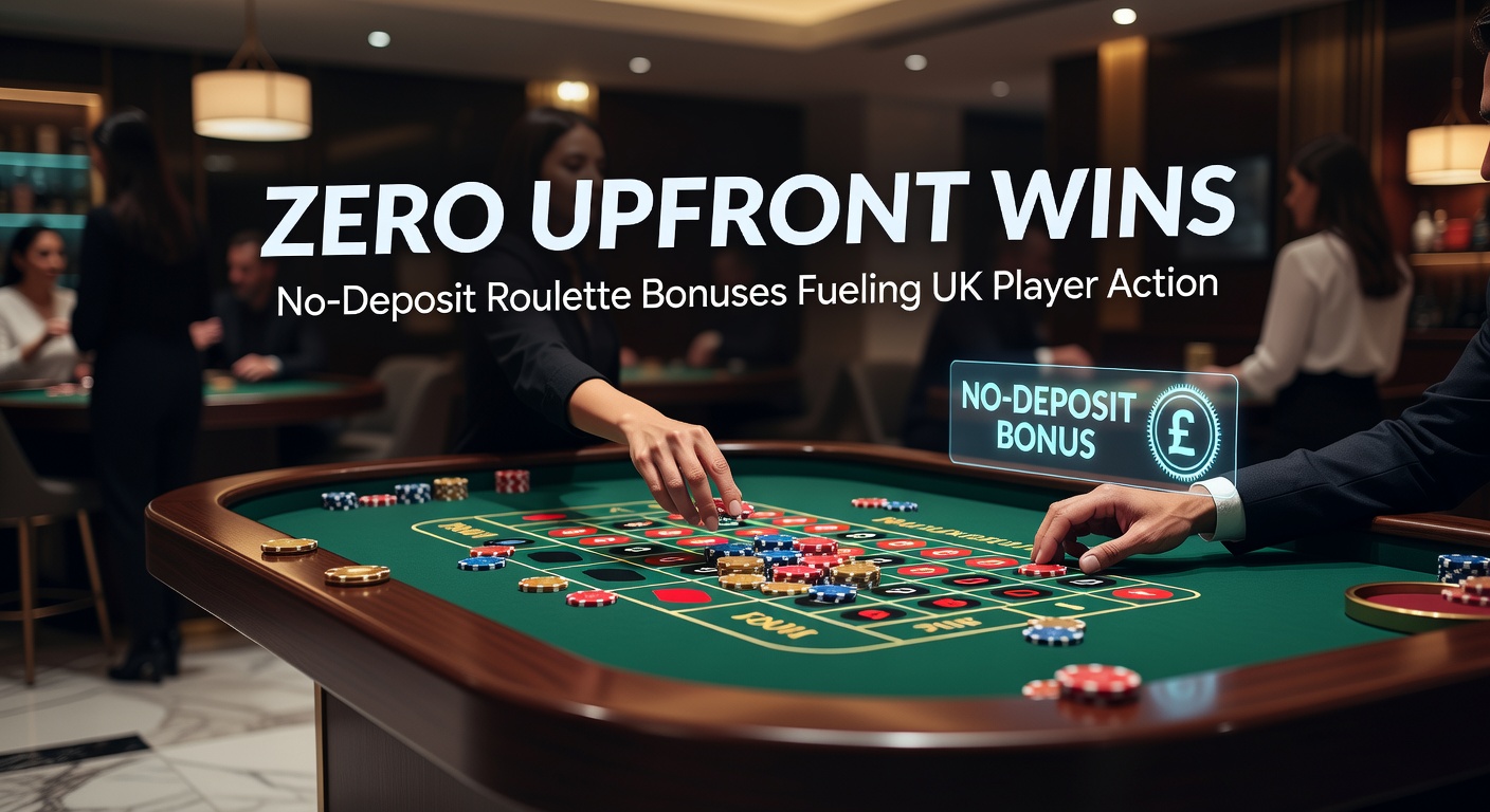 Vibrant roulette wheel spinning with no-deposit bonus icons overlayed, symbolizing risk-free entry for UK players