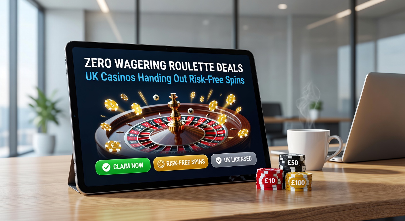 Vibrant roulette wheel spinning with zero wagering bonus icons overlayed, highlighting risk-free spins at UK online casinos